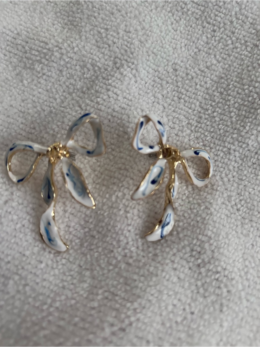 Gold Bow Drop Earrings with White and Blue Enamel